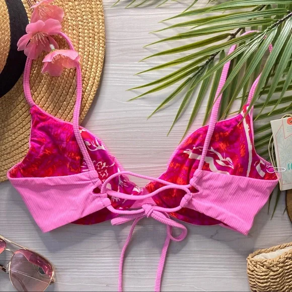 RARE Maaji 🌸 Pinkish Lollipop Reversible Floral Underwire Lace-Up Bikini Top ❤️ - Picture 3 of 9